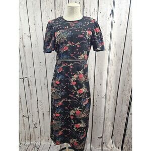 Best Mountain Paris Black Floral Print Midi Dress Size 40 Short Sleeve Lace Trim